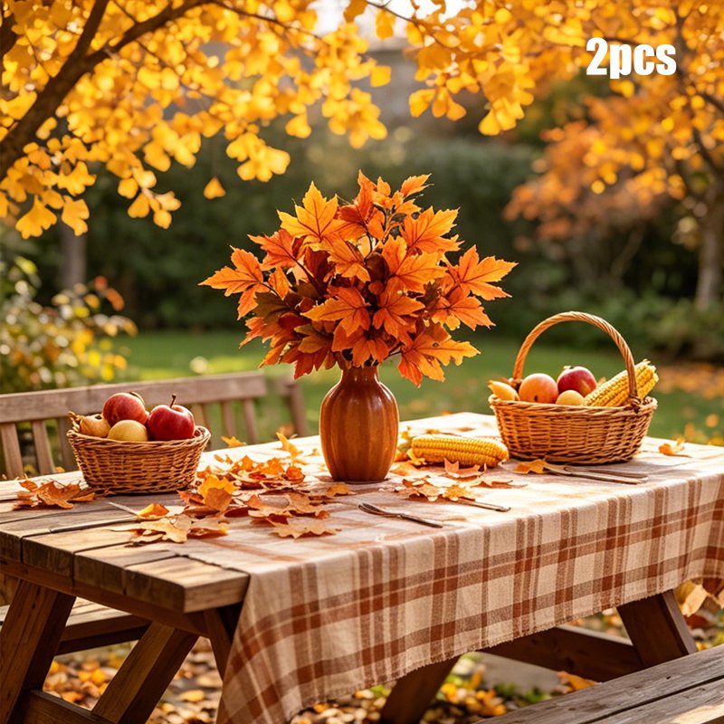 Artificial Maple Leaf Bushes for Fall Decor, 2Pcs Orange Plastic Autumn Stems for Vase & Centerpieces - Halloween Thanksgiving