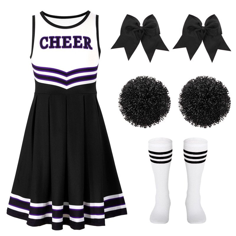 Girls Cheerleader Costume Outfit Set Black 9-10 Years - Party & Halloween
