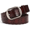 Women Leather Belt with Hollow Flower Design - Coffee, Fits Waist 25-35 Inches