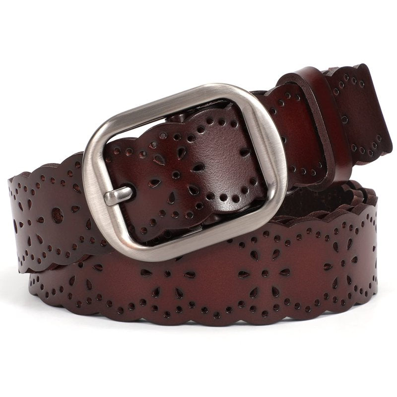 Women Leather Belt with Hollow Flower Design - Coffee, Fits Waist 25-35 Inches