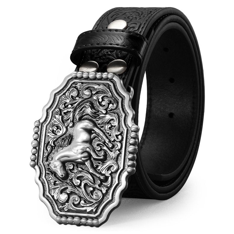 A-Black Slivery Horse Buckle Western Leather Belt for Men & Women 35-38 Inch Waist