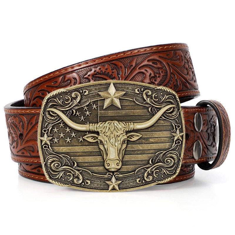 Western Leather Belt for Men Women Cowboy Belt with Bull Head Variation - 31-34 Inch Waist