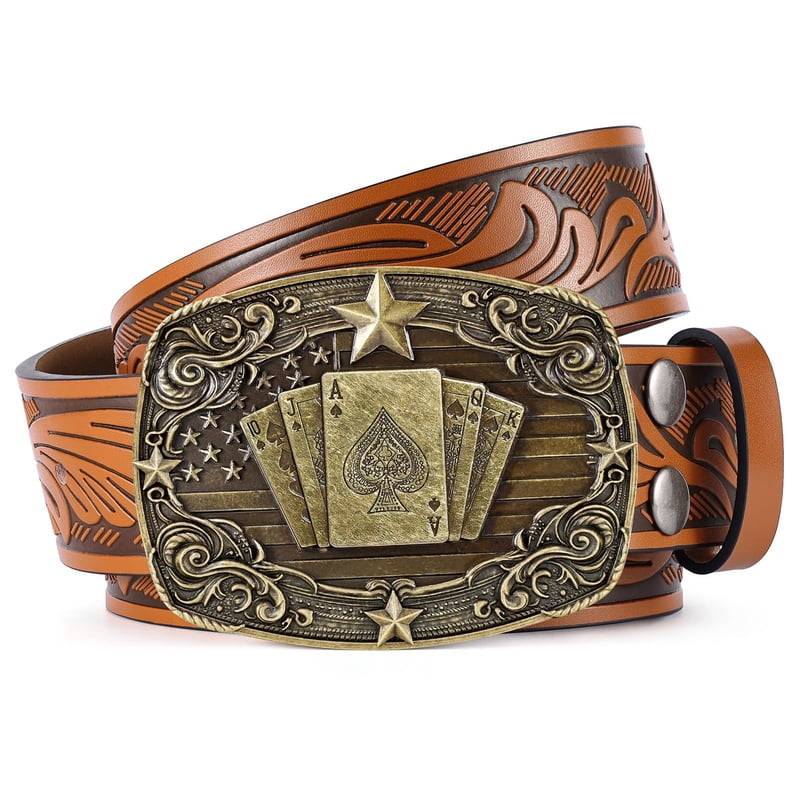Bronze Cowboy Leather Belt for Men Women 35-38 Inch Waist Western Style Embossed Strap