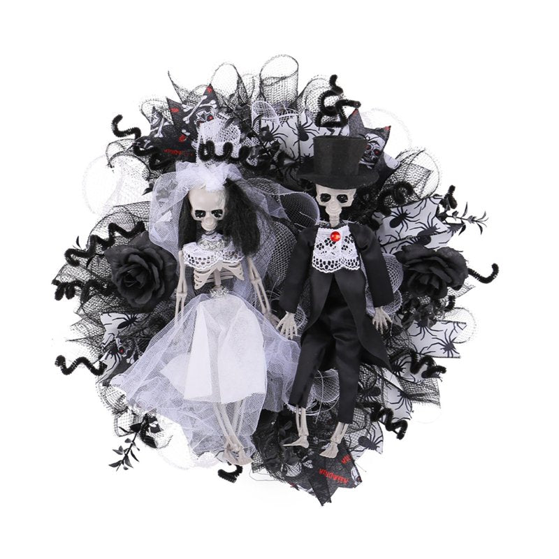 Halloween Creepy Wreath for Front Door 16 Inch Skeleton Bride and Groom Decor