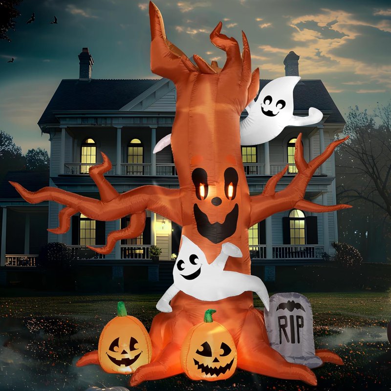 8 FT Halloween Inflatable Spooky Tree with Ghost, Pumpkin & Tombstone - Outdoor Yard Decor with LED Lights