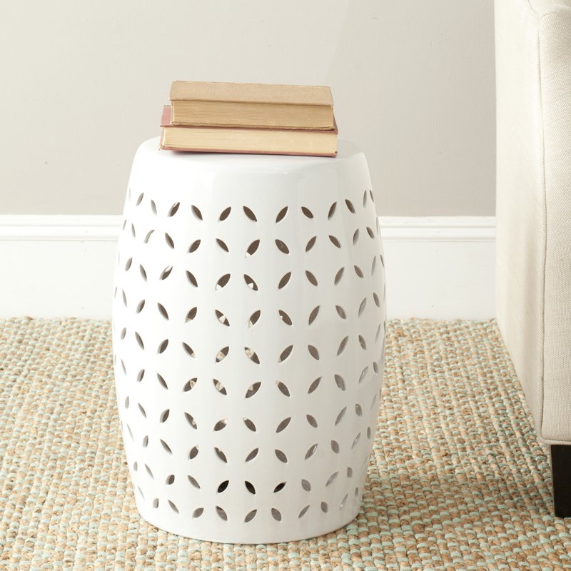 Ceramic Garden Patio Stool - White Lattice Design, 13" W x 18.5" H