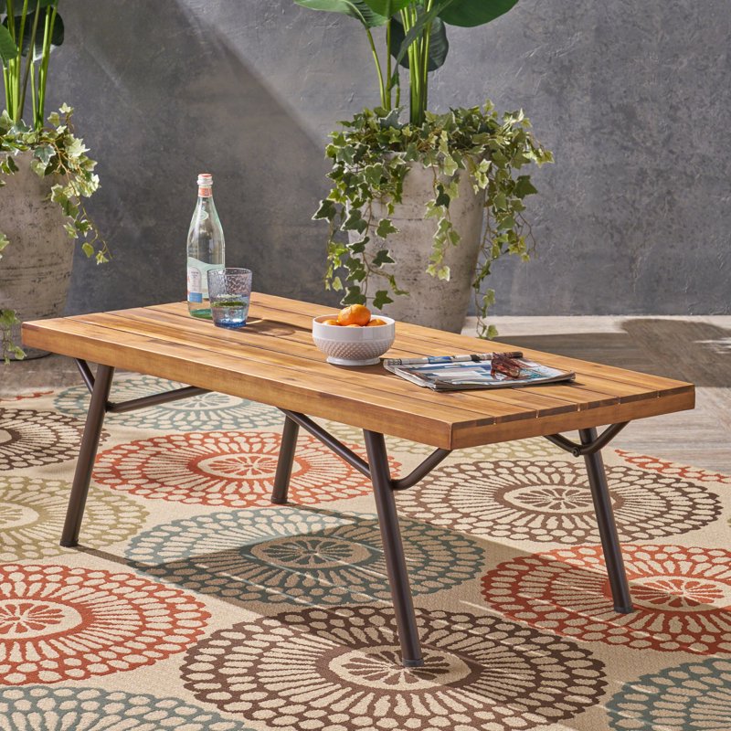Acacia Wood Coffee Table with Iron Legs - Teak Finish