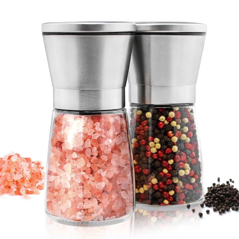 Salt and Pepper Grinder Set - Adjustable Coarseness, Stainless Steel & Glass