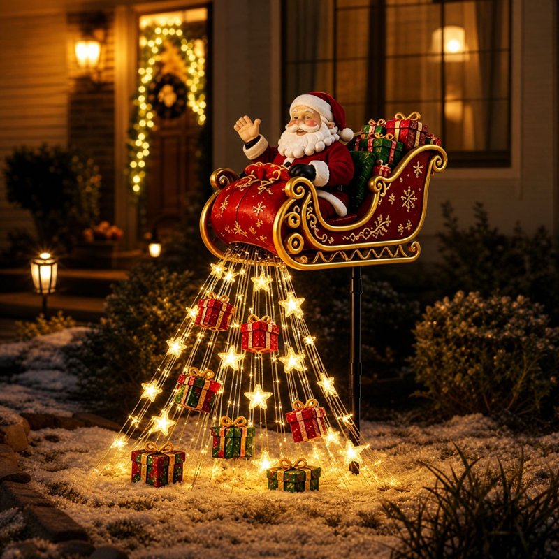 Santa Flying Sleigh Garden Light - Solar Christmas Display with Cascading Warm Lights B7