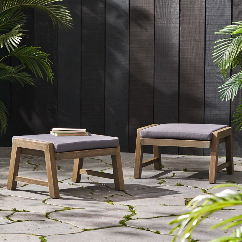 Acacia Wood Outdoor Ottoman Set with Cushions - Gray/Dark Gray