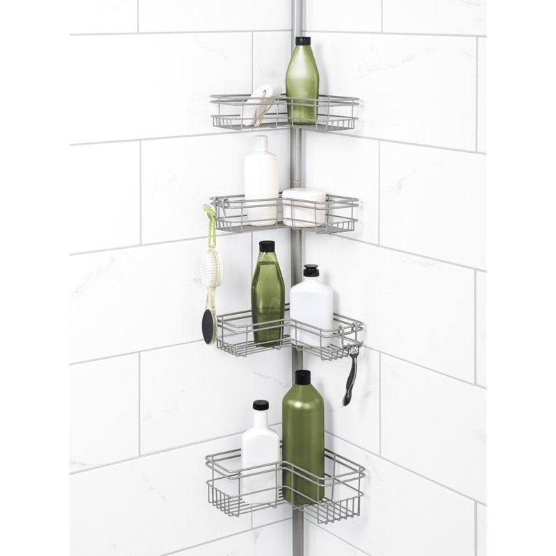 Satin Nickel Tension Shower Caddy with 4 Shelves, Adjustable Corner Organizer