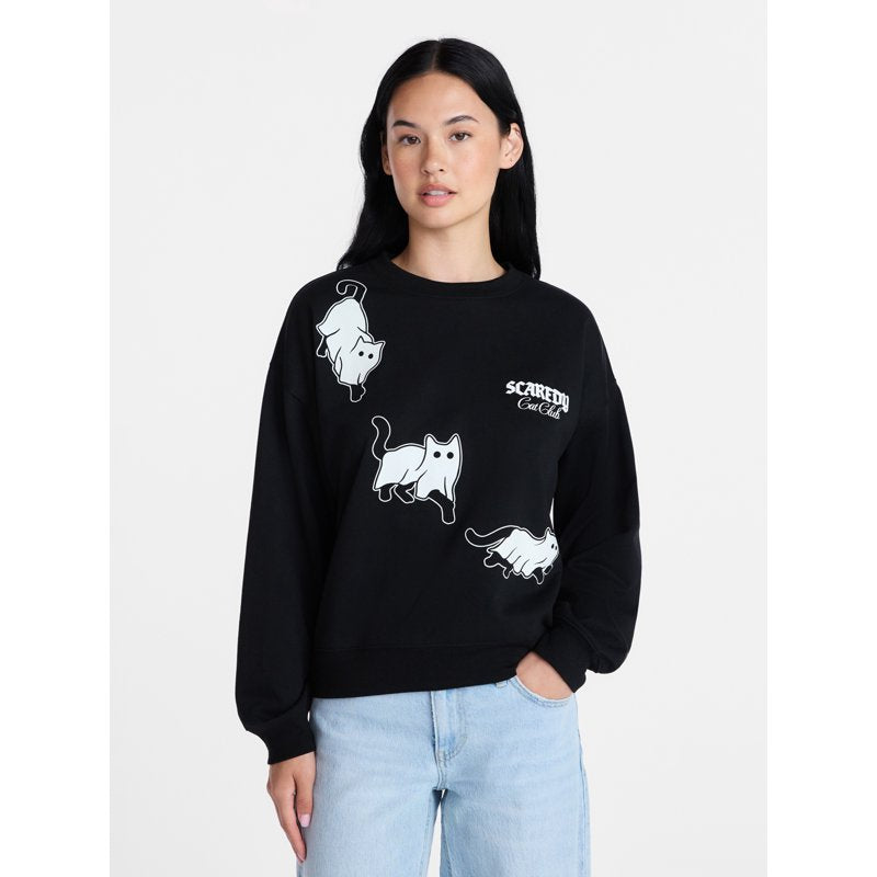 Women's Halloween Graphic Crew Pullover - Scaredy Cat Club, Black Soot, L