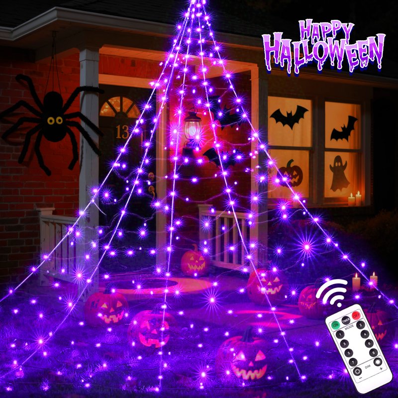 Purple LED Halloween Spider Web Lights Outdoor 16.4ft x 15.75ft with Remote & Hooks