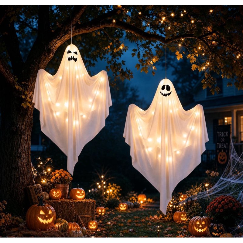 Halloween Ghost Decor Light Set - White, 48-Inch Hanging Ghosts with LED Lights, Outdoor Yard & Garden Decoration