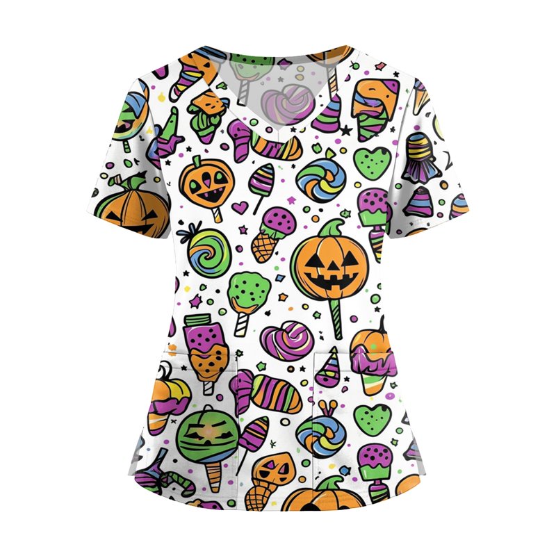 Plus Size Halloween Pumpkin-Head Bat Print Scrub Top - Light Green XXXXL
