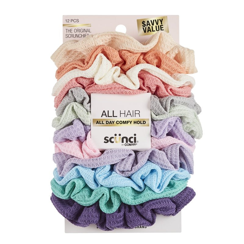 Thermal Knit Fabric Scrunchie Hair Ties - 12-Pack Multicolor Set