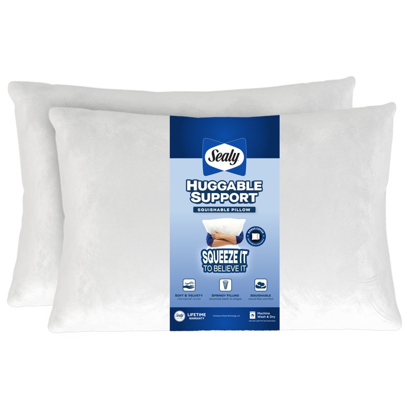 Sealy Huggable Support Bed Pillow Set - Soft Velvety Cover, Squishy Comfort