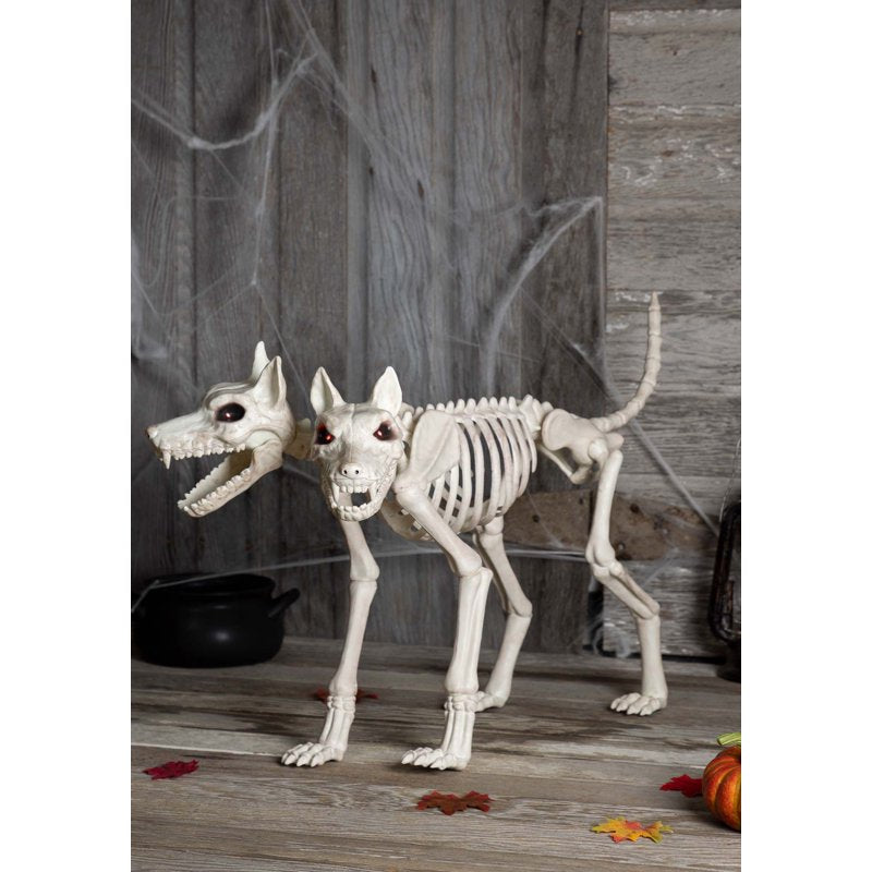 Animated Two-Headed Doberman Skeleton Halloween Decoration - 3 ft Outdoor Spooky Dog