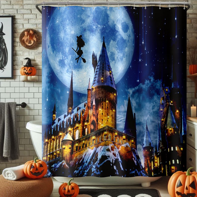 Magical Castle Halloween Shower Curtain Waterproof Bathroom Decor - 72x72 - Blue & Gold - With Flying Witch & Full Moon