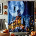 Magical Castle Halloween Shower Curtain Waterproof Bathroom Decor - 72x72 - Blue & Gold - With Flying Witch & Full Moon