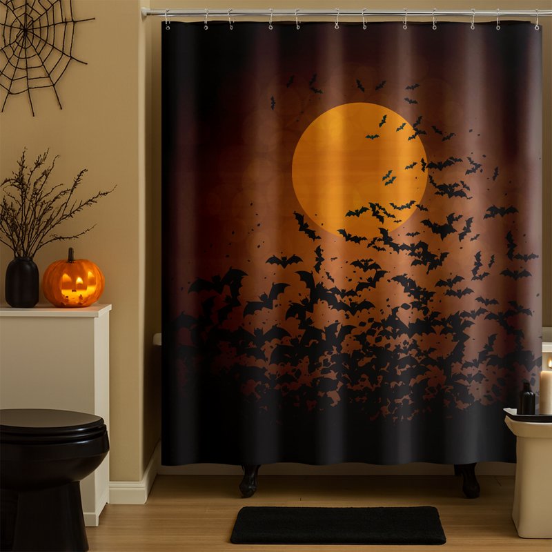 Seasonwood Halloween Shower Curtain with Swirling Bats and Full Moon Waterproof Bathroom Decor - 72x72 with 12 Hooks