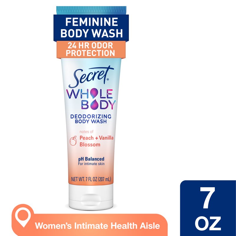 Feminine Wash Deodorizing Body Wash for Women - 24 HR Protection, Peach & Vanilla, 7oz