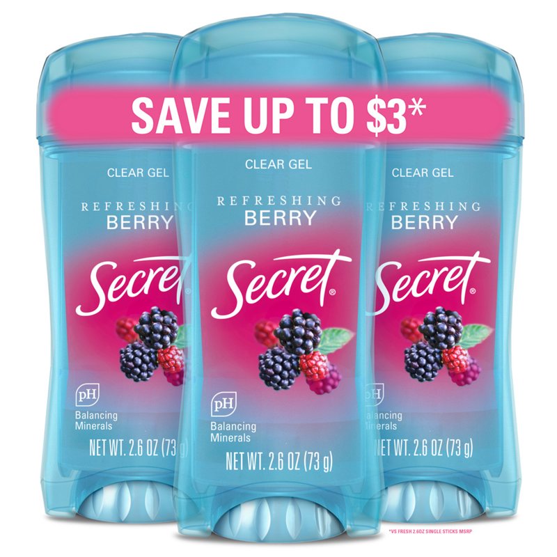 Clear Gel Antiperspirant and Deodorant for Women, Berry Scent, 3 x 2.6oz
