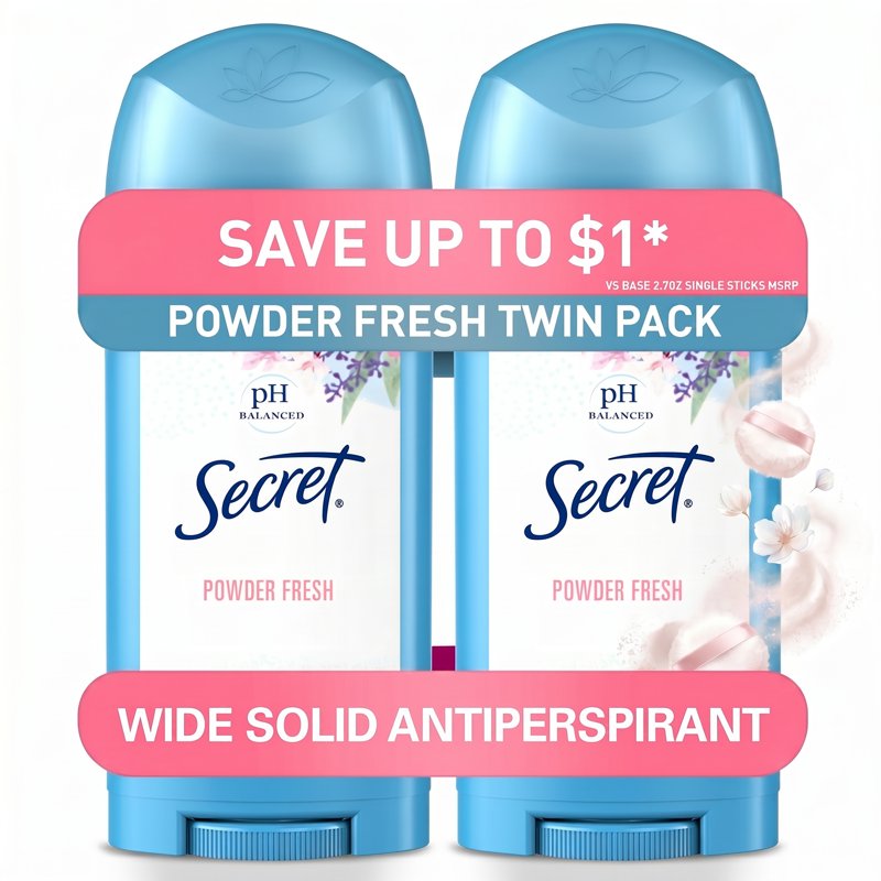 Solid Antiperspirant Deodorant for Women, Powder Fresh, 2.7 oz Twin Pack