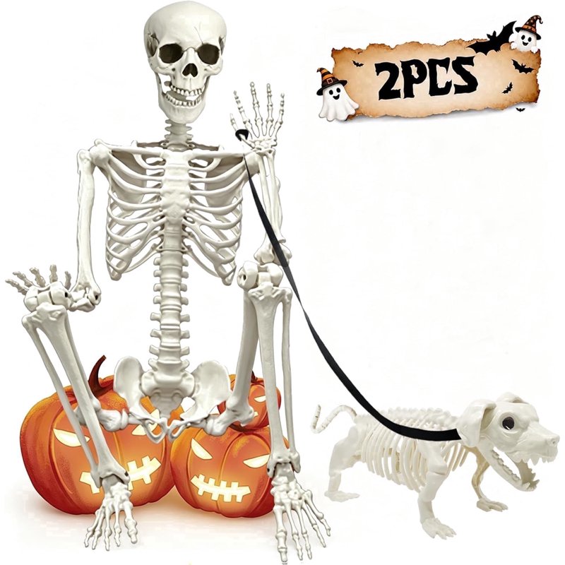 Halloween Skeleton Set – 2 Pcs Posable Human & Dog Skeleton Decorations Indoor Outdoor
