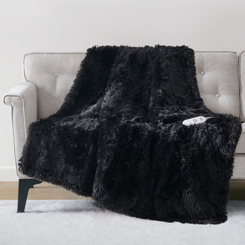 Black Serta Leena Shaggy Faux Fur Heated Throw Blanket 50x60 Inch - Electric Cozy Blanket with 5 Heat Settings