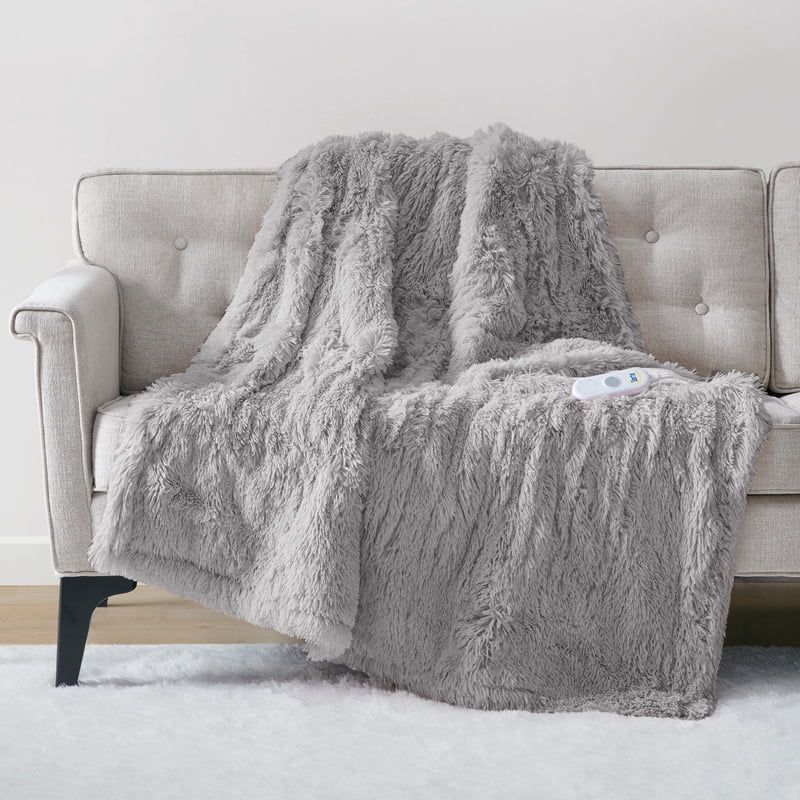 Grey Serta Leena Shaggy Faux Fur Heated Throw Blanket 50x60 Inch