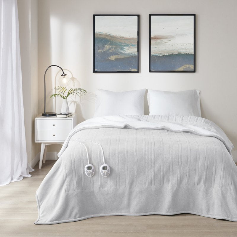 Full Light Grey Polyester Fleece to Sherpa Heated Blanket - Serta ST54-0138