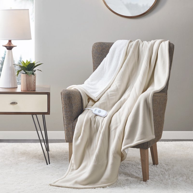 Serta Heated Throw Blanket - Tan Fleece to Sherpa 50x60 Inch