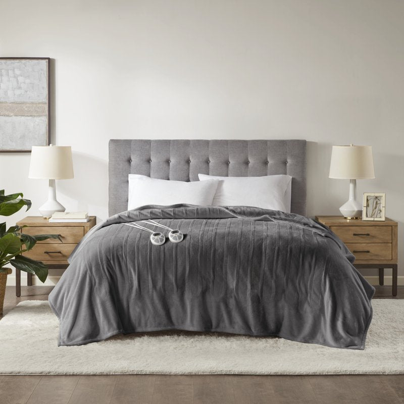 King Heated Blanket with Dual Controllers - Dark Grey Plush Electric Throw