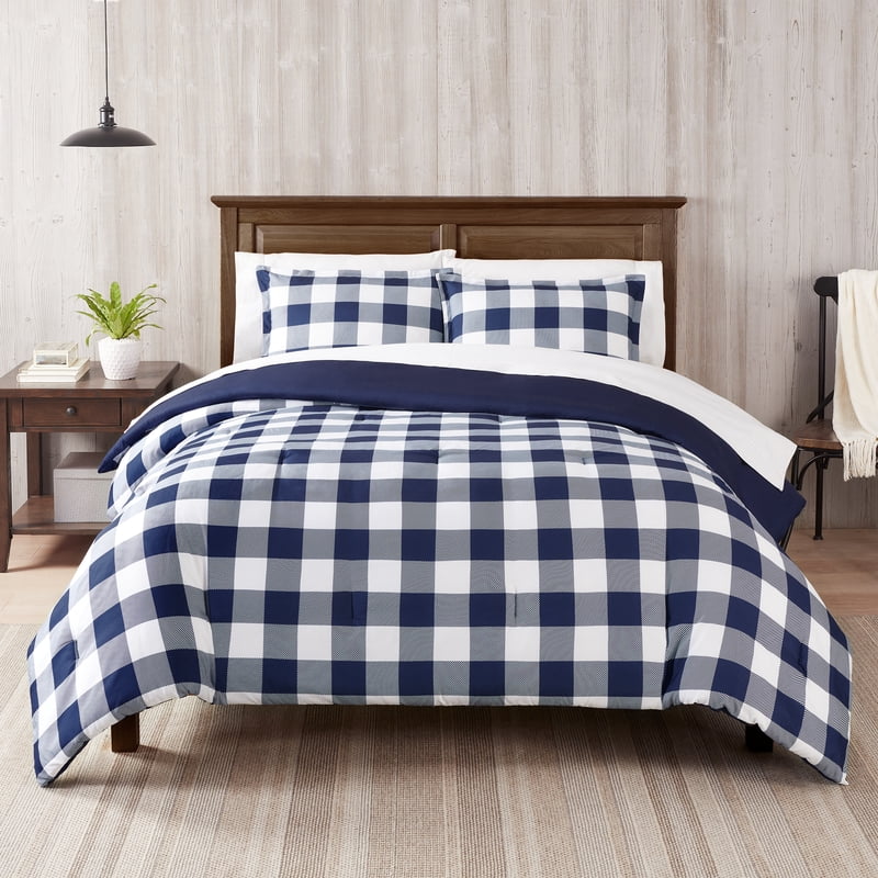 King Serta Simply Clean Bedding Set Navy Buffalo Check 7-Piece Bed in a Bag