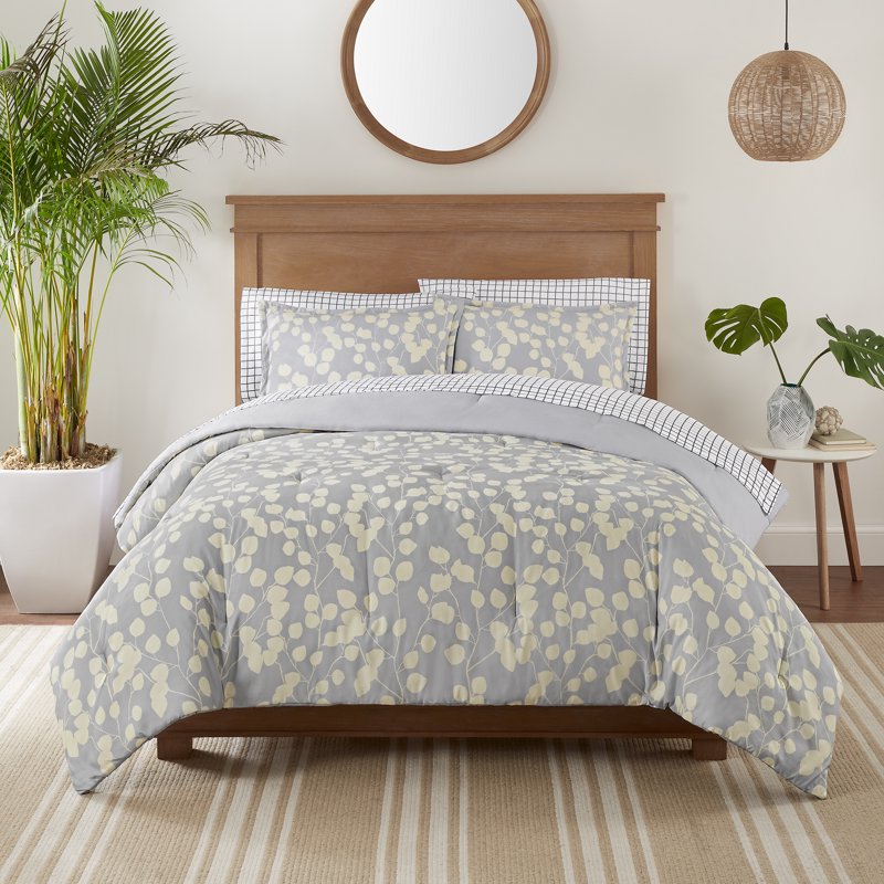King Bedding Set - Serta Simply Clean Grey & Yellow Botanical Leaf 7-Piece