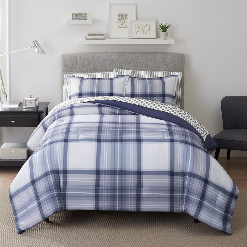 Serta Simply Clean King Bedding Set with Blue Plaid - 7-Piece Bed in a Bag