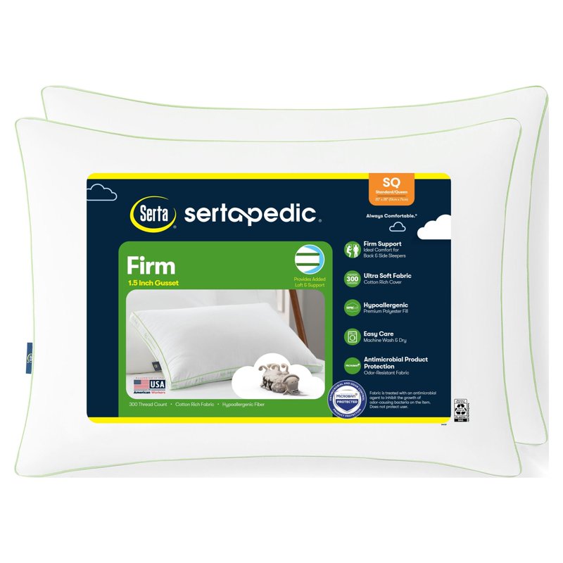 Sertapedic Firm Bed Pillow 2 Pack - Standard/Queen Supportive Hypoallergenic