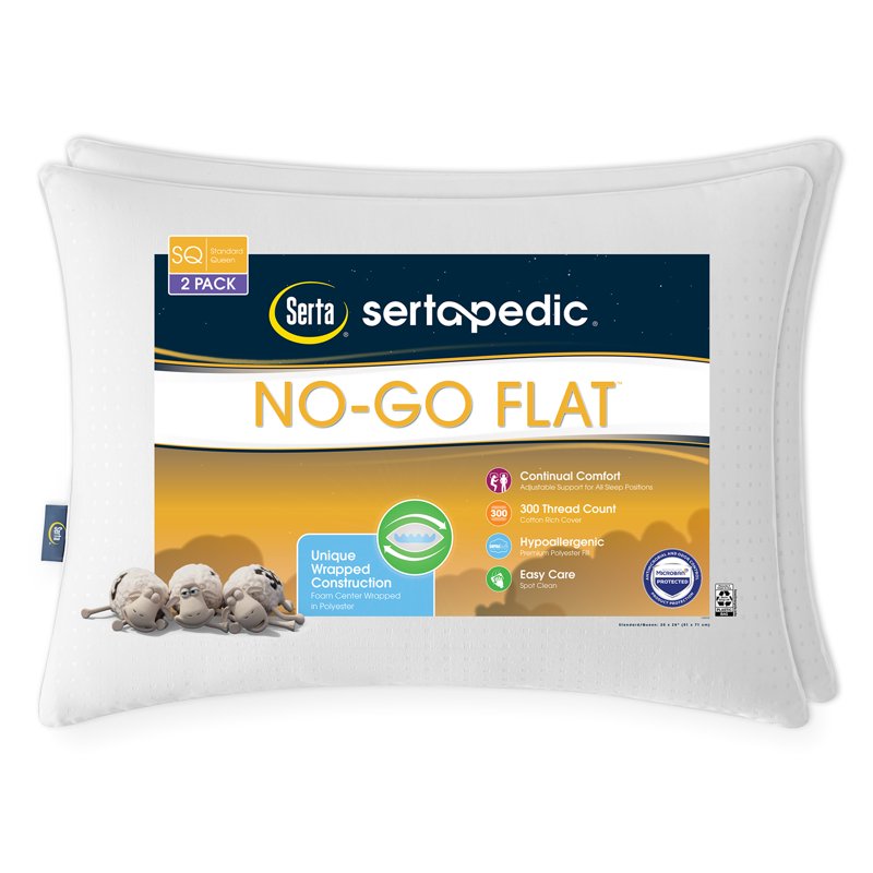 No-Go Flat Bed Pillow 2 Pack - Supportive Hypoallergenic Sleep Pillow