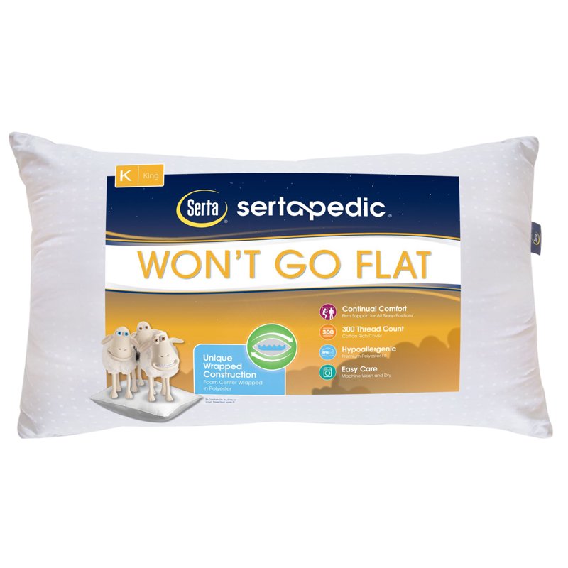 King Size Sertapedic Won't Go Flat Pillow - Supportive, Hypoallergenic, Cotton-Poly Blend