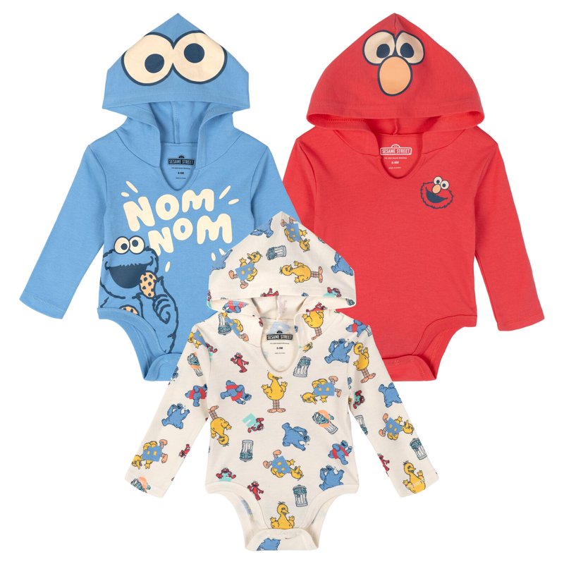 Baby Cosplay Bodysuits 3 Pack - Sesame Street Elmo Cookie Monster Big Bird 12 Months Blue Cream Red