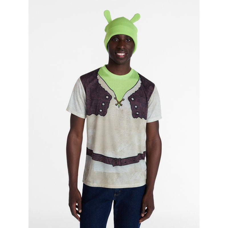 Shrek Men’s Graphic Cosplay Tee and Beanie Set - Natural Green 2XL
