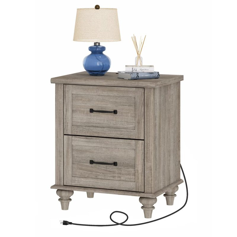 Grey Side Table with 2 Drawers and Charging Station