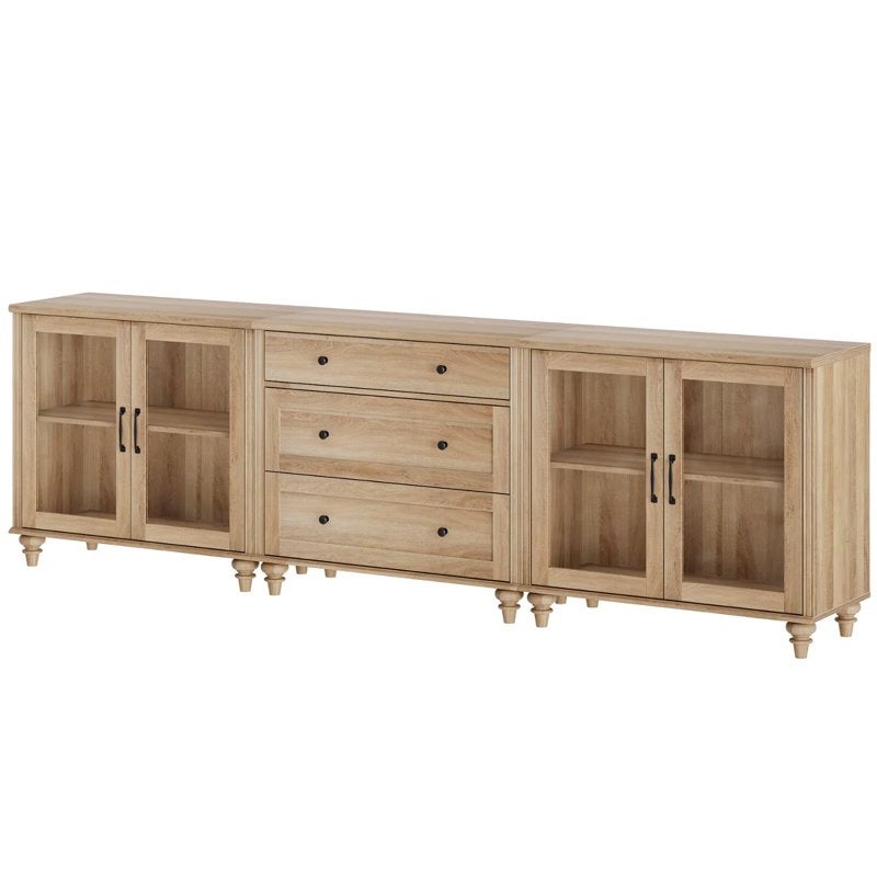 3-in-1 Kitchen Storage Cabinet with Glass Doors & Drawers - Oak