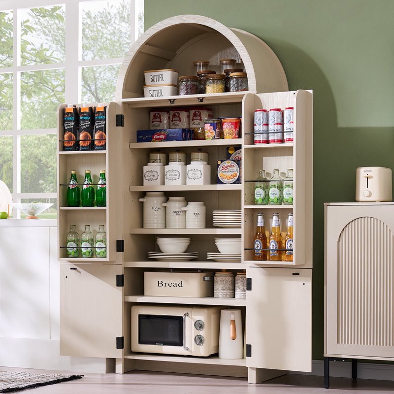 Modern Arched Pantry Storage Cabinet - Cream & Fluted Wood, 71"
