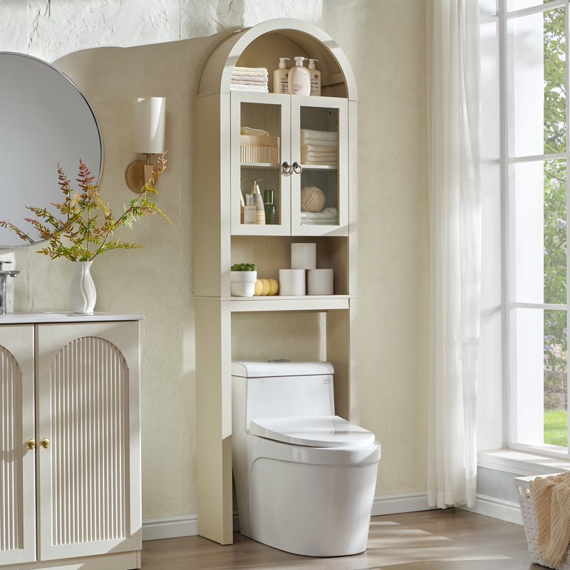 SinCiDo Cream Arched Over Toilet Storage Cabinet Modern Bathroom Shelf with Acrylic Doors