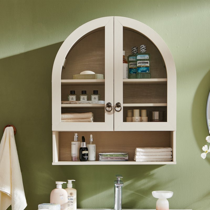 Bathroom Medicine Cabinet with Glass Doors - Cream Wall Mount Arched Storage
