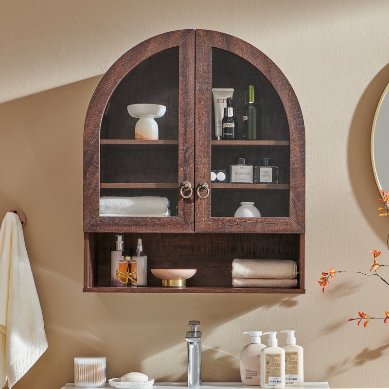 SinCiDo Brown Bathroom Medicine Cabinet with Arched Glass Doors & Adjustable Shelves - Over Toilet Wall Storage