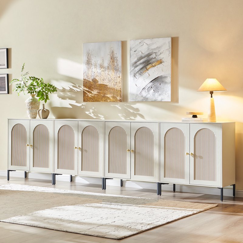 Buffet Cabinet with Storage - 123.5" Wooden Sideboard - Cream