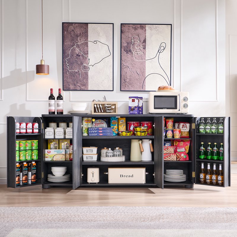 Curved Coffee Bar Storage Cabinet - 66" Grey Sideboard with 4 Doors